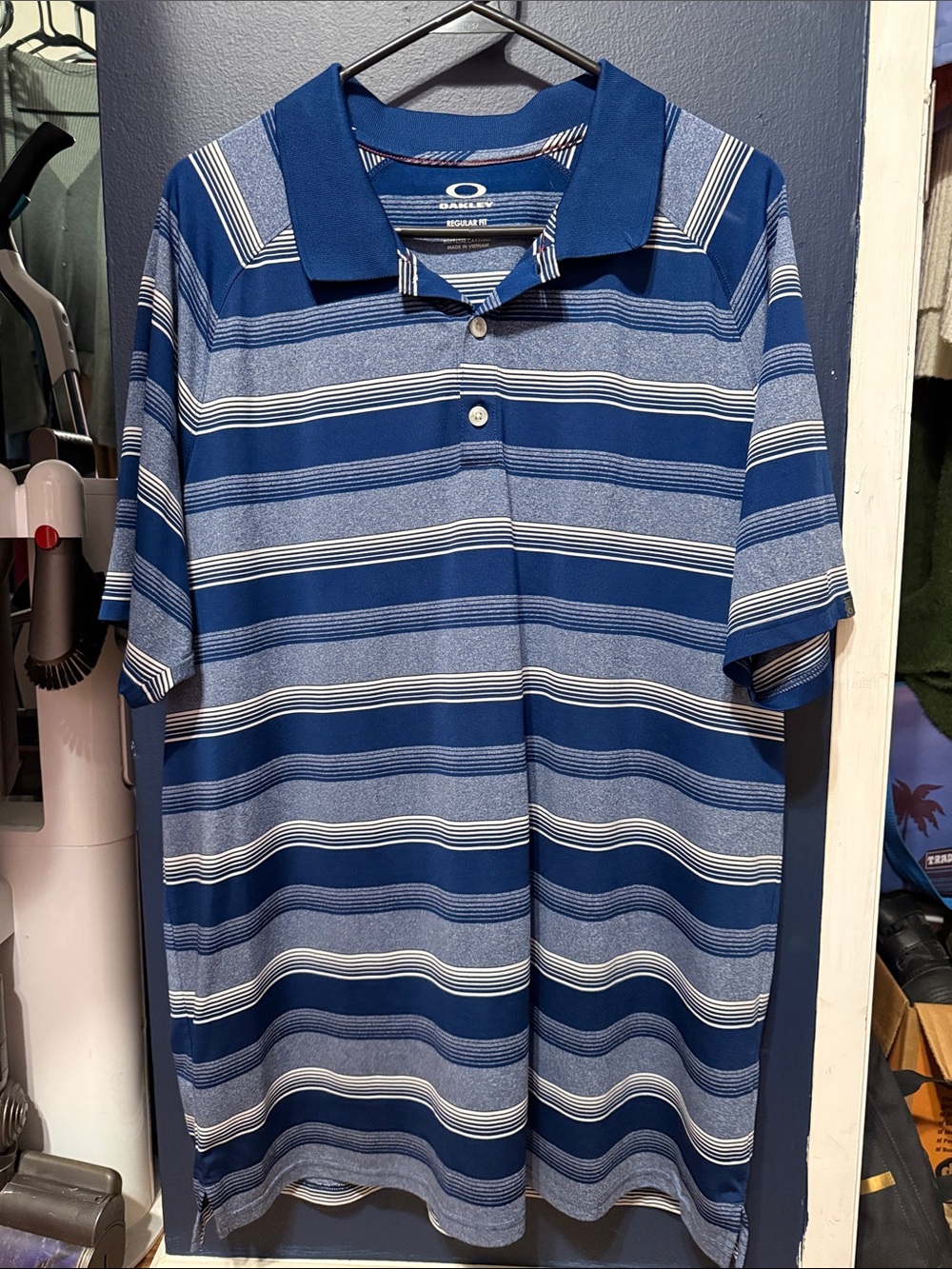 Oakley Navy and White Striped Polo Shirt